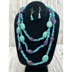 Vintage TRIPLE STRAND TURQUOISE AND AMETHYST NECKLACE W/ Earrings 21”